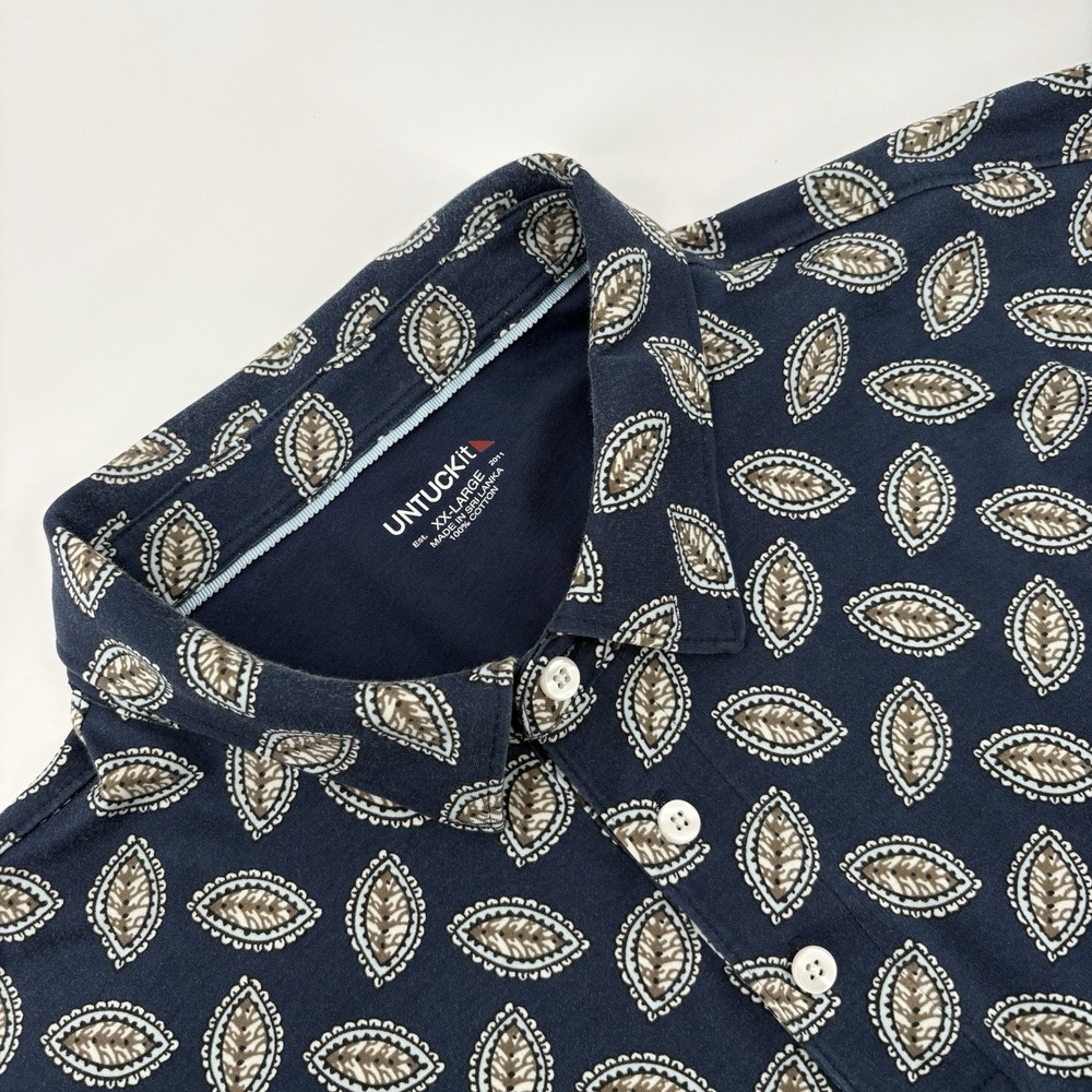 UNTUCKit Shirt Dax Mens 2XL Short Sleeve Polo Navy Blue White Leaves Cotton